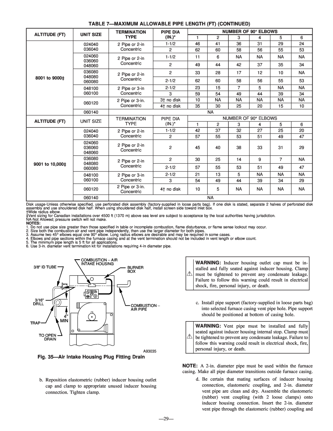 Bryant 340MAV instruction manual AirIntake Housing Plug Fitting Drain, Maximumallowable Pipe Length Ft Continued 