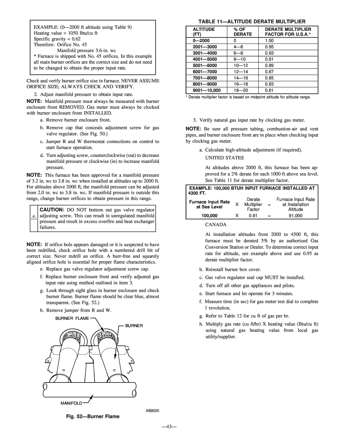 Bryant 340MAV instruction manual BurnerFlame, Altitudederate Multiplier 