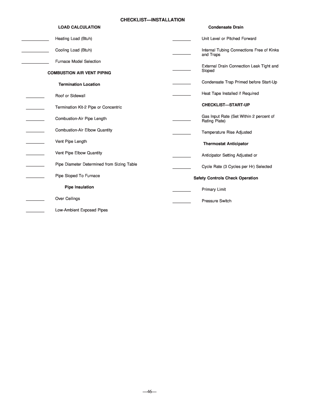 Bryant 340MAV instruction manual Checklist—Installation 