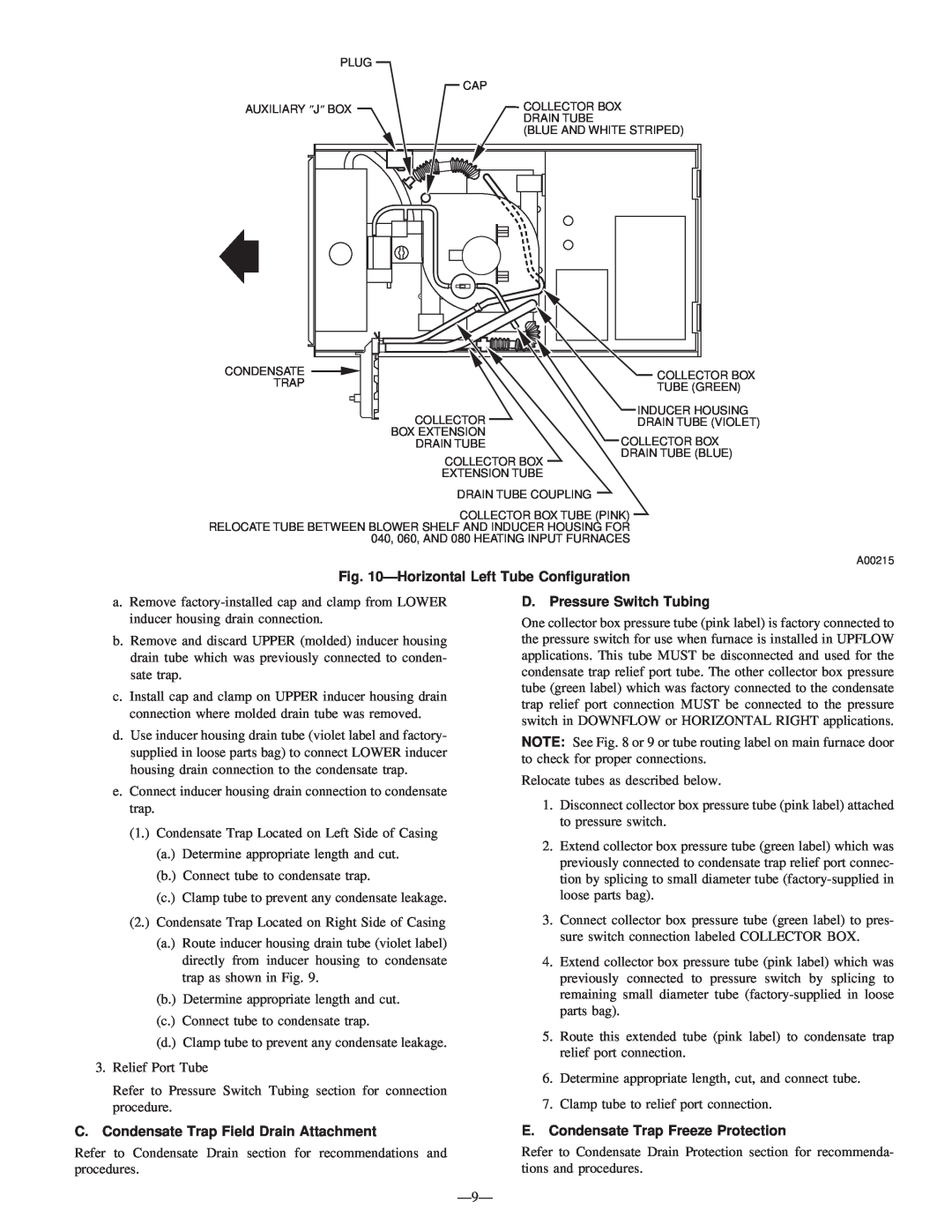 Bryant 340MAV HorizontalLeft Tube Configuration, C.Condensate Trap Field Drain Attachment, D. Pressure Switch Tubing 