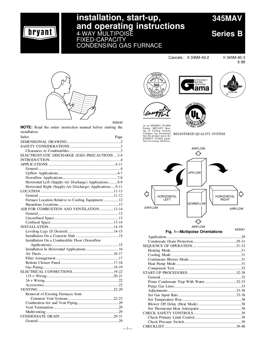 Bryant 345MAV instruction manual Electrostatic Discharge ESD Precautions, Ð1Ð 