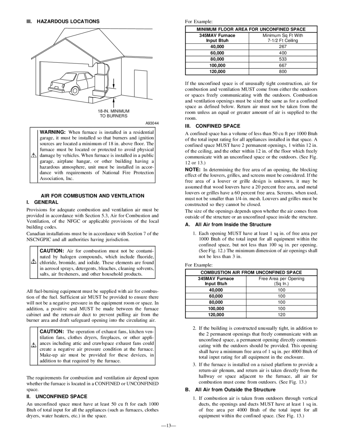 Bryant 345MAV instruction manual III. Hazardous Locations, AIR for Combustion and Ventilation General, II. Unconfined Space 