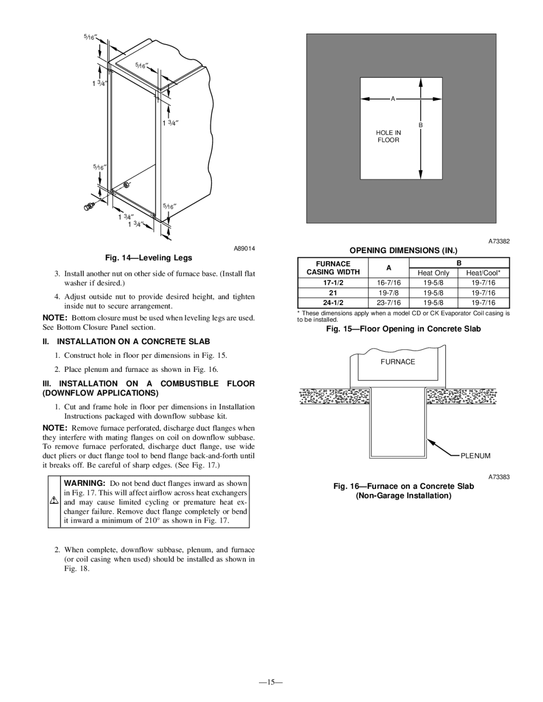 Bryant 345MAV instruction manual II. Installation on a Concrete Slab, Opening Dimensions, Furnace Casing Width 