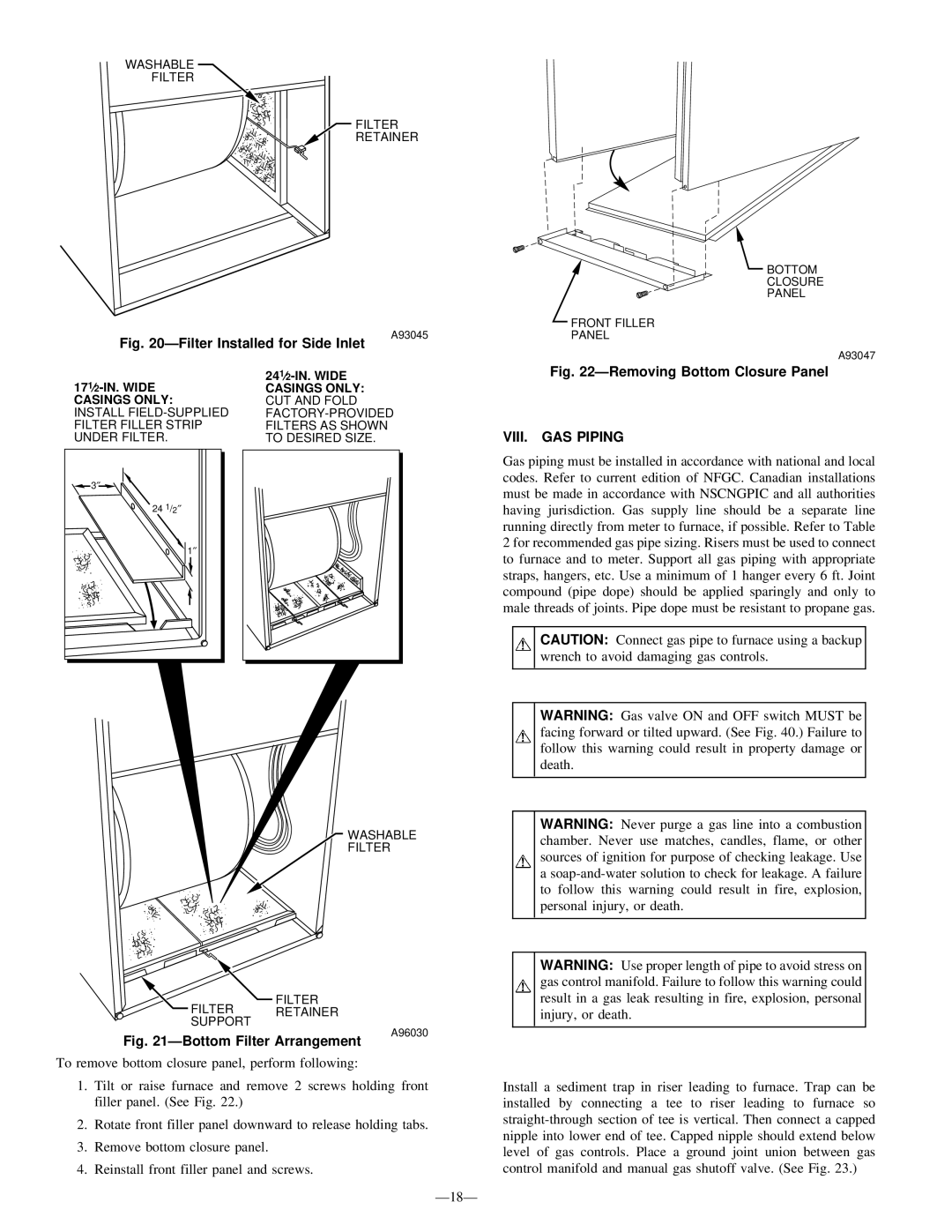 Bryant 345MAV instruction manual VIII. GAS Piping, 171⁄2-IN. Wide Casings only 