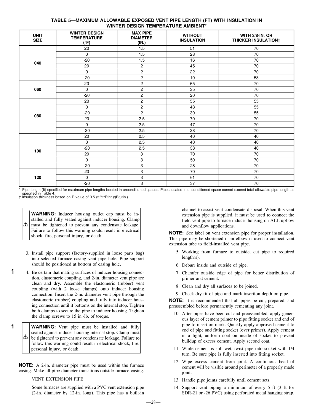 Bryant 345MAV instruction manual Vent Extension Pipe, 040 060 080 100 120 