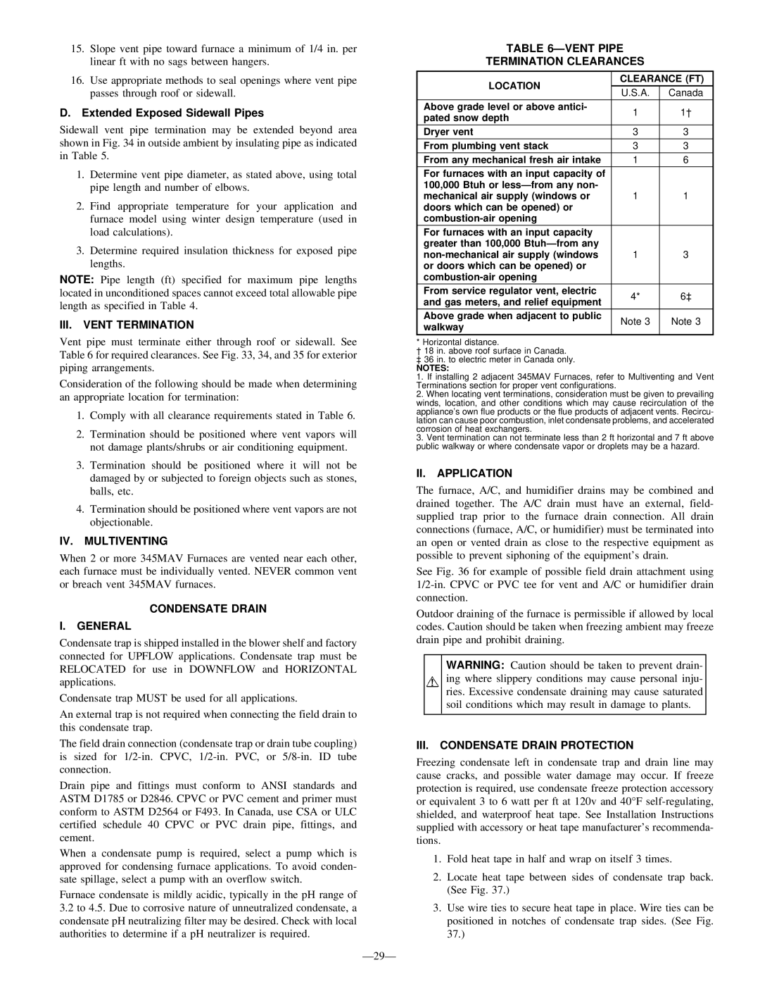 Bryant 345MAV III. Vent Termination, IV. Multiventing, Condensate Drain General, Ðvent Pipe Termination Clearances 