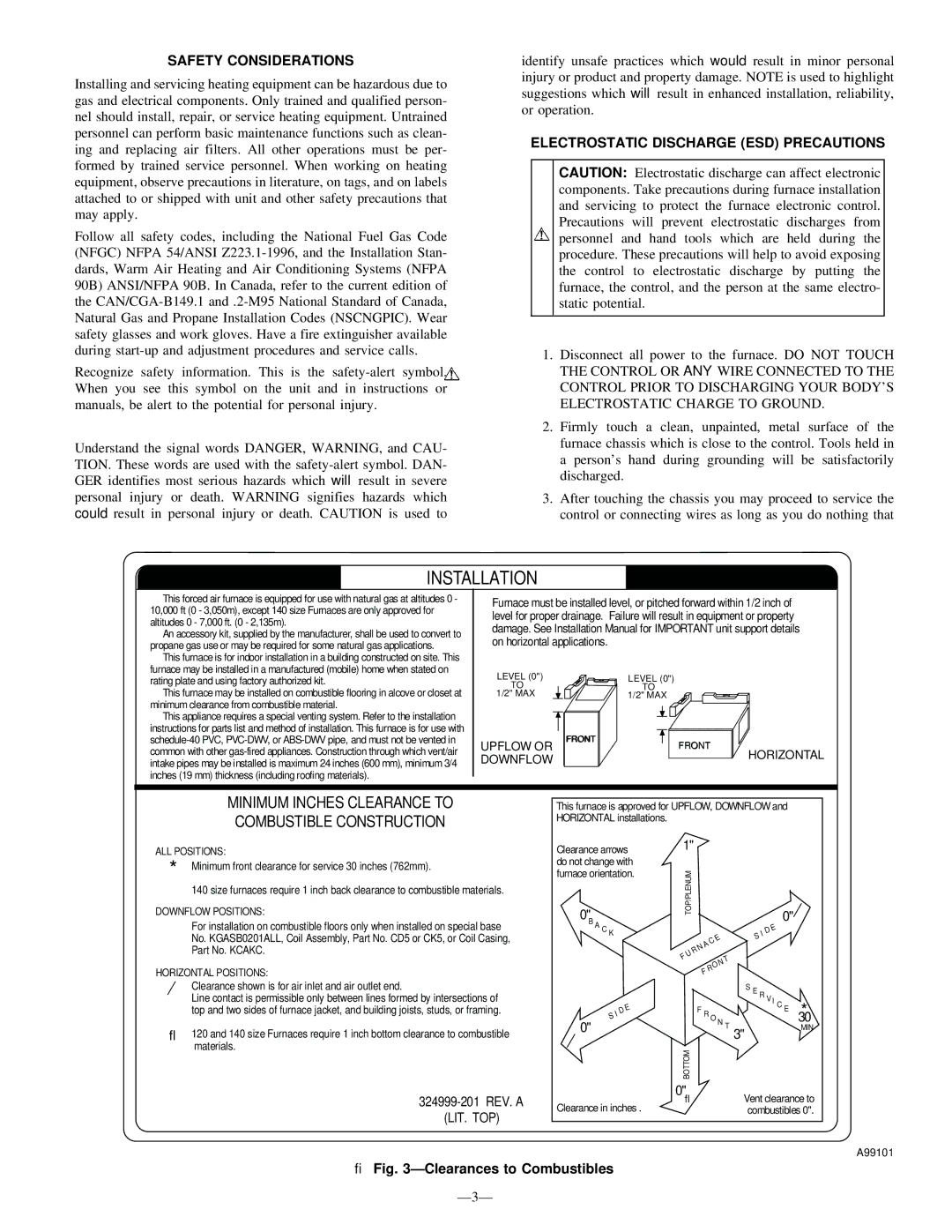 Bryant 345MAV Safety Considerations, Electrostatic Discharge ESD Precautions, → ÐClearances to Combustibles, Ð3Ð 