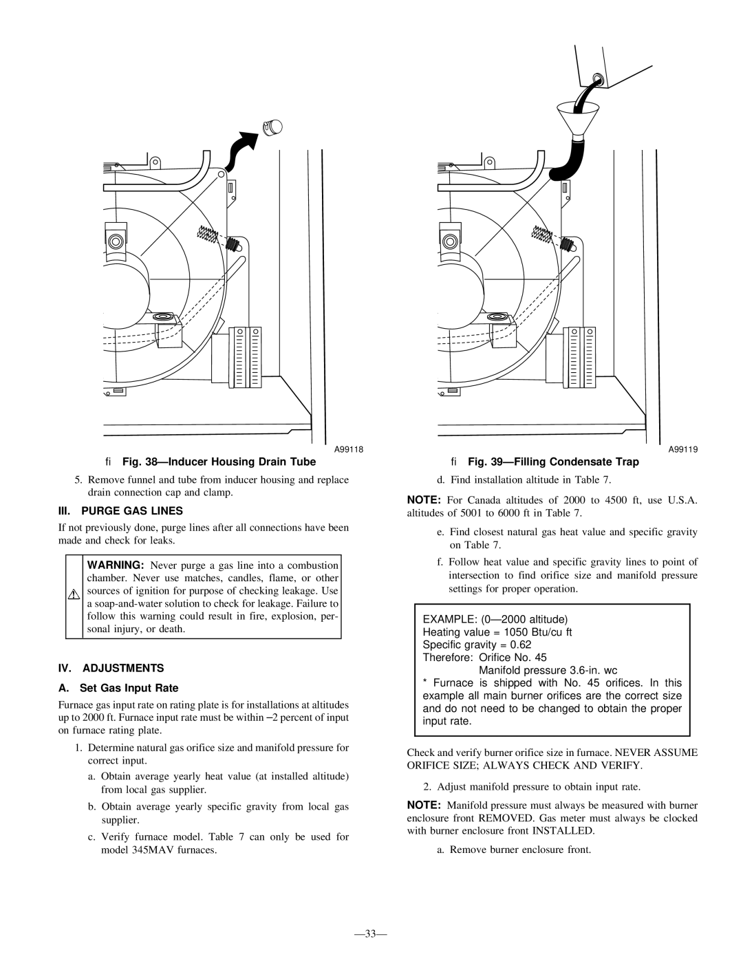 Bryant 345MAV instruction manual → ÐInducer Housing Drain Tube, III. Purge GAS Lines, IV. Adjustments, Set Gas Input Rate 