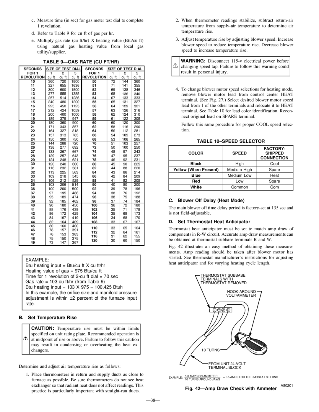 Bryant 345MAV instruction manual Ðgas Rate CU FT/HR, Set Temperature Rise, ±SPEED Selector, Blower Off Delay Heat Mode 