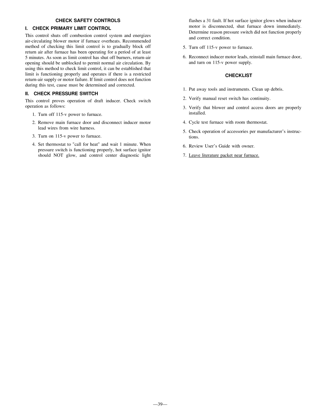 Bryant 345MAV instruction manual Check Safety Controls Check Primary Limit Control, II. Check Pressure Switch, Checklist 