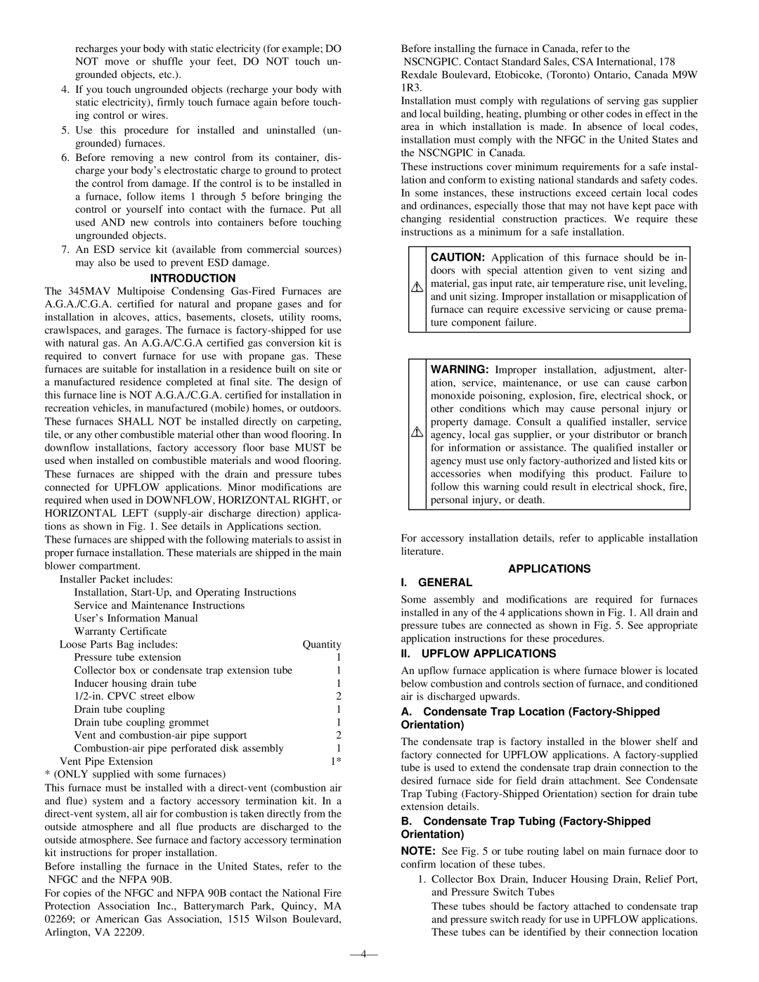 Bryant 345MAV instruction manual Introduction, Applications General, II. Upflow Applications 