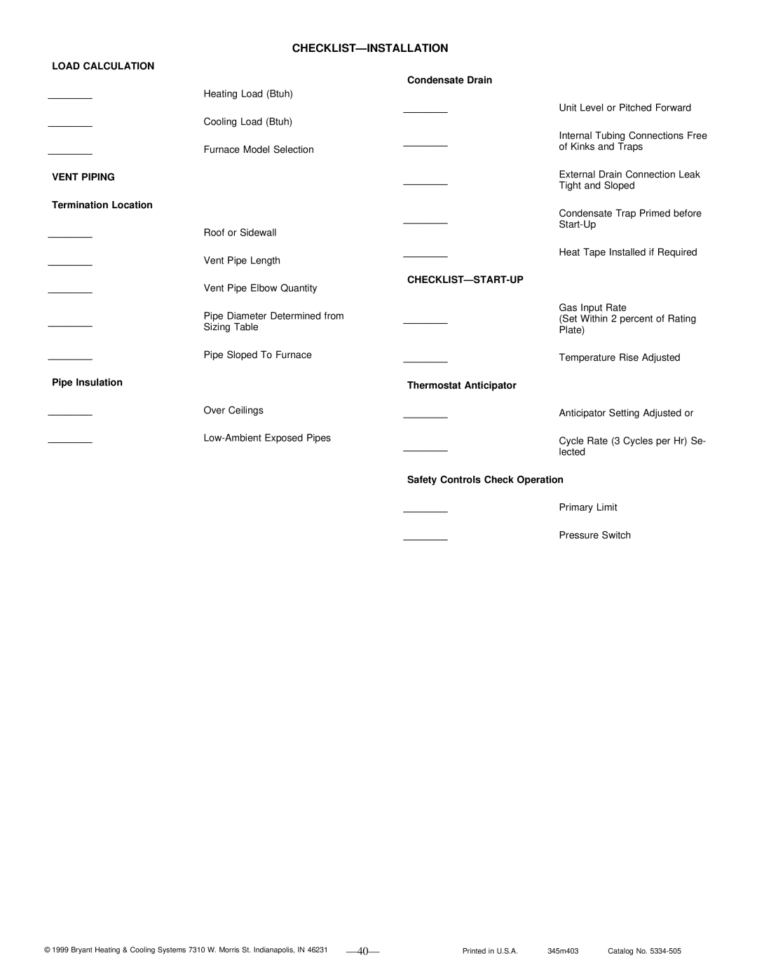 Bryant 345MAV instruction manual Checklistðinstallation, Load Calculation, Vent Piping, Checklistðstart-Up 