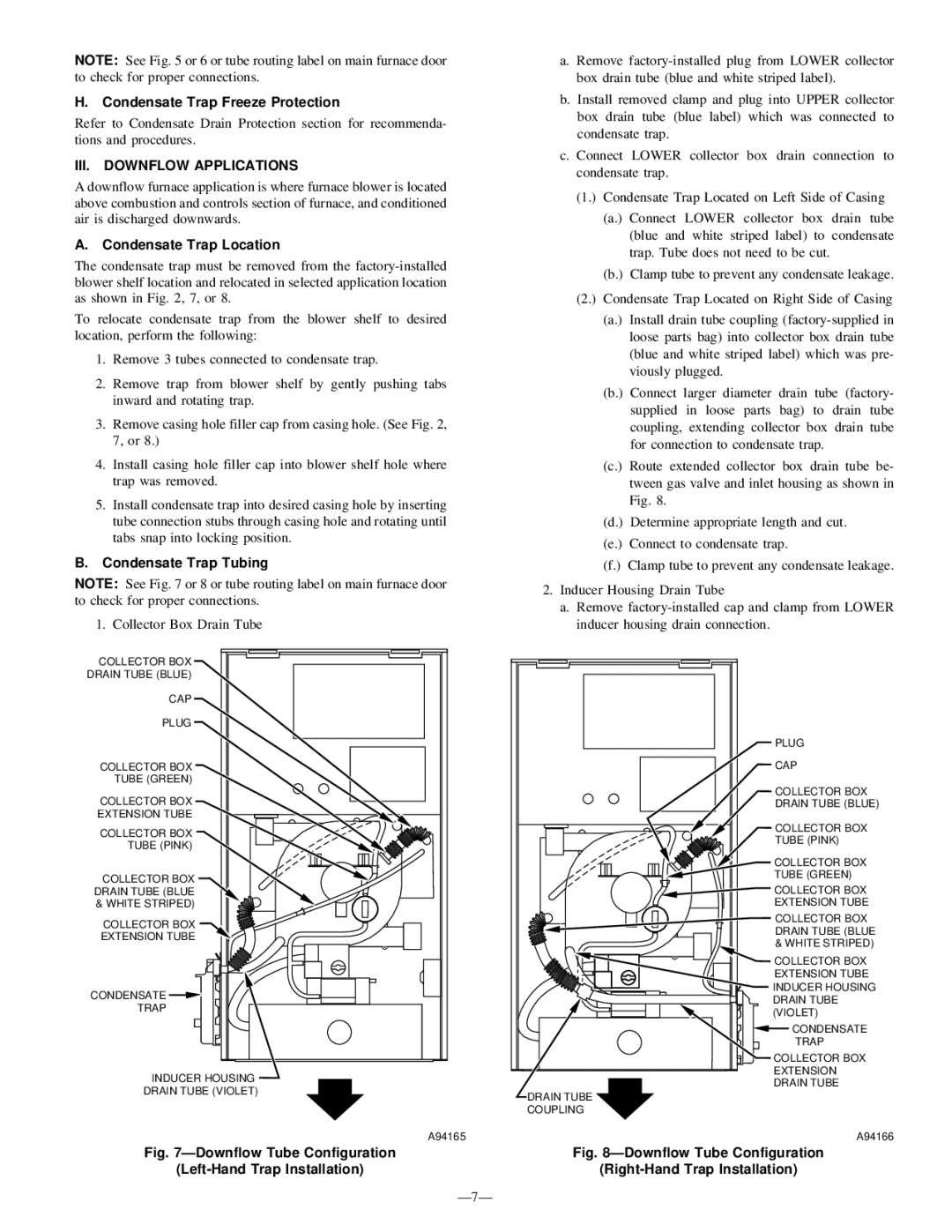 Bryant 345MAV Condensate Trap Freeze Protection, III. Downflow Applications, Condensate Trap Location, Ð7Ð 