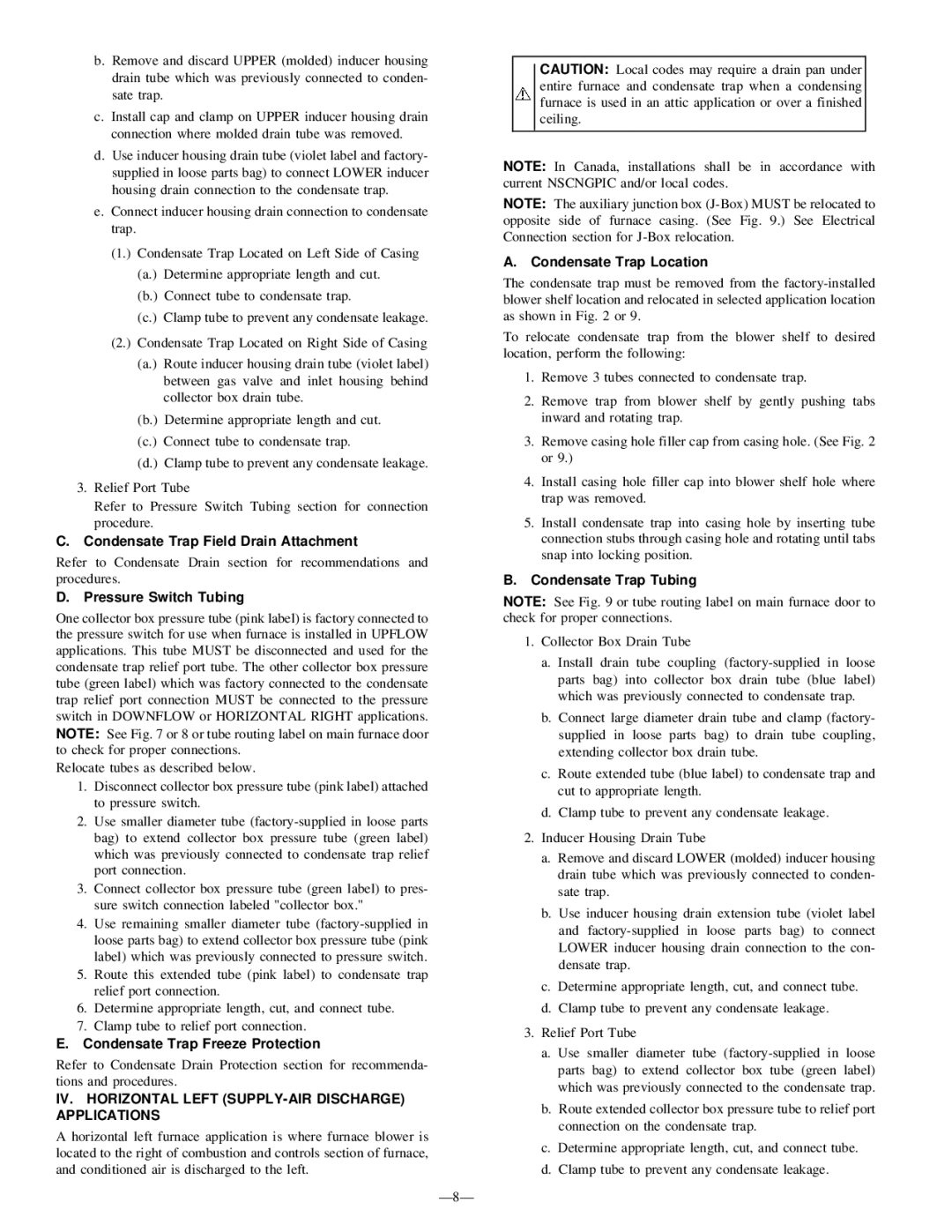 Bryant 345MAV instruction manual IV. Horizontal Left SUPPLY-AIR Discharge Applications, Ð8Ð 