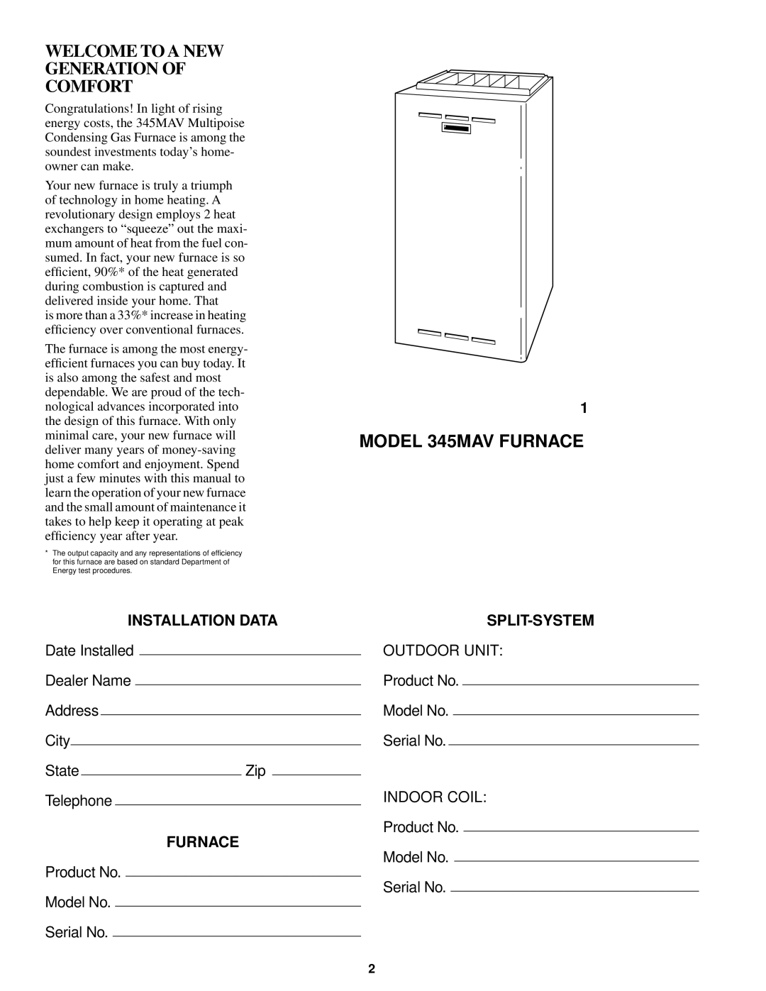 Bryant manual Welcome to a NEW Generation of Comfort, Model 345MAV Furnace 