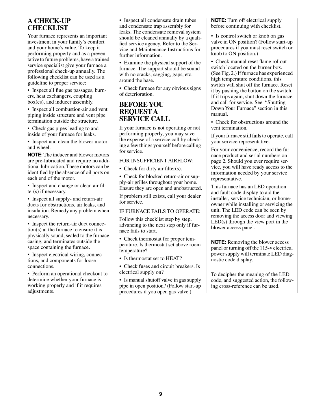 Bryant 345MAV CHECK-UP Checklist, Before YOU Request a Service Call, For Insufficient Airflow, If Furnace Fails to Operate 