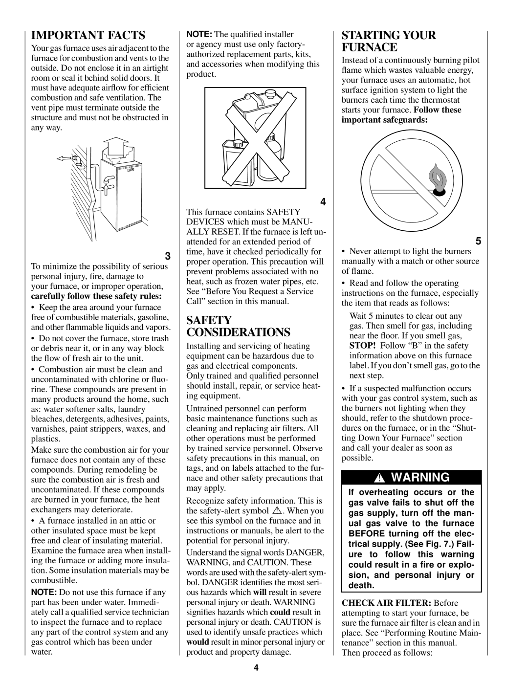 Bryant 345MAV manual Important Facts, Safety Considerations, Starting Your Furnace, Keep the area around your furnace 