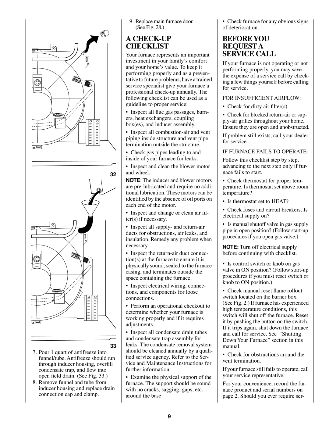 Bryant 345MAV CHECK-UP Checklist, Before YOU Request a Service Call, For Insufficient Airflow, If Furnace Fails to Operate 