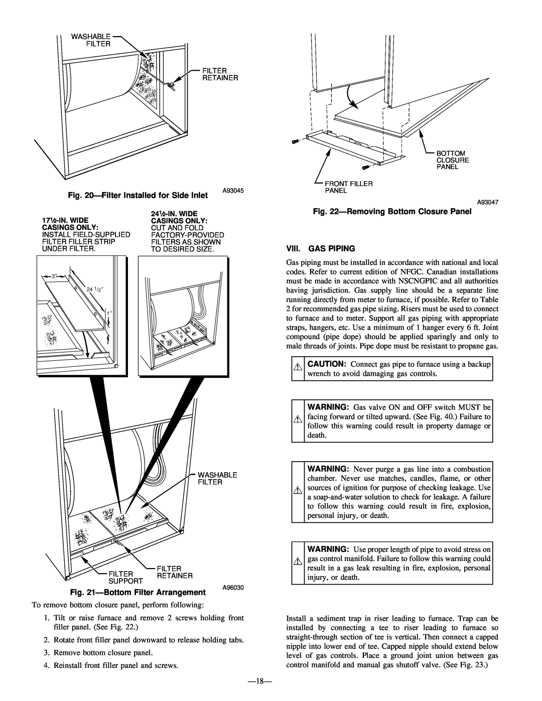 Bryant 345MAV instruction manual ÐFilter Installed for Side Inlet, ÐRemoving Bottom Closure Panel, Viii. Gas Piping 