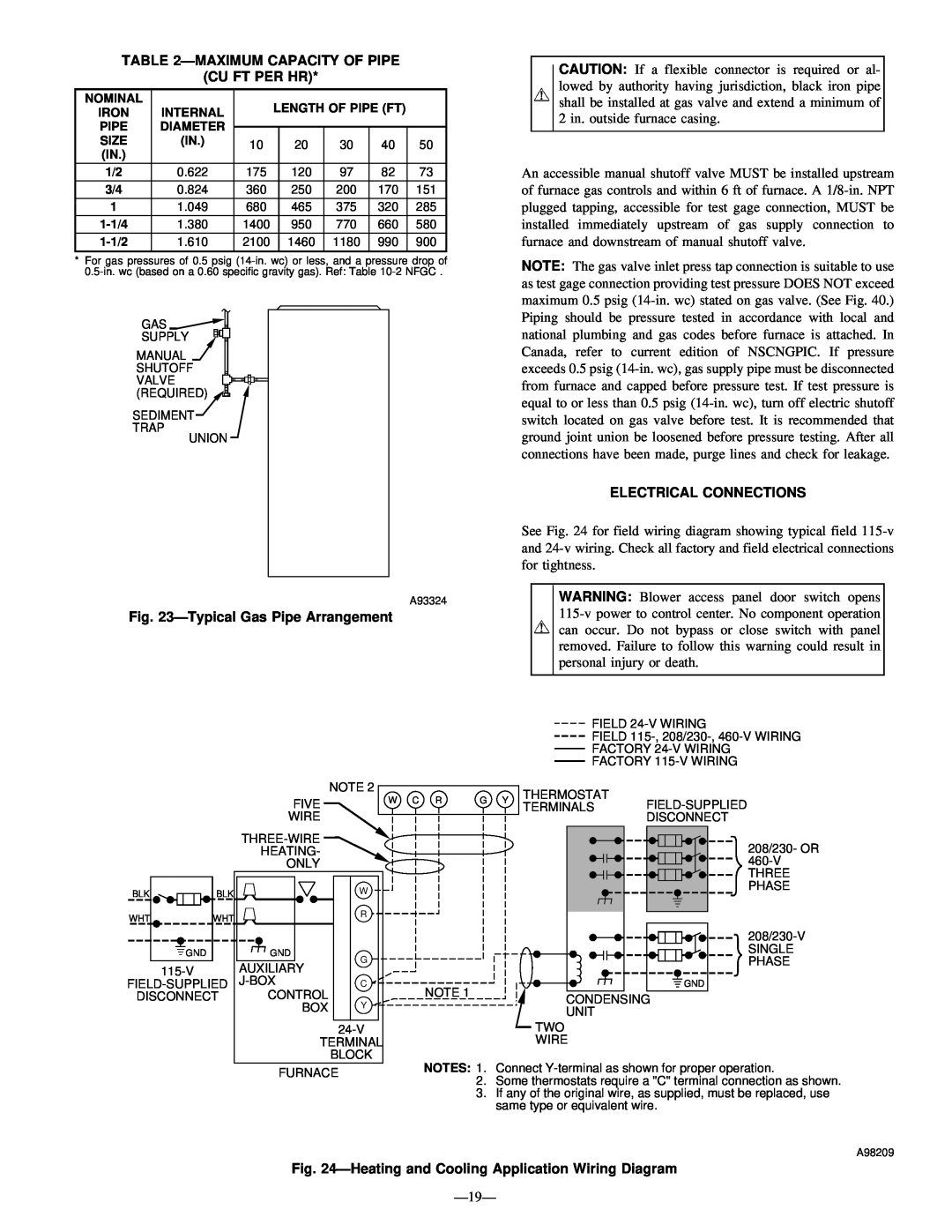 Bryant 345MAV Ðmaximum Capacity Of Pipe Cu Ft Per Hr, ÐTypical Gas Pipe Arrangement, Electrical Connections 