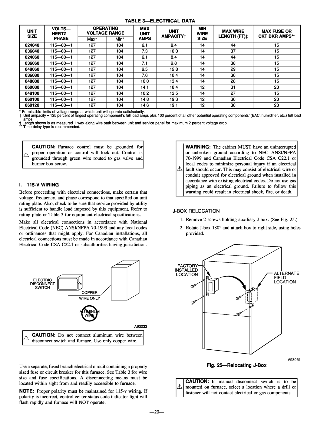 Bryant 345MAV instruction manual Ðelectrical Data, I.115-VWIRING, J-Boxrelocation, ÐRelocating J-Box 