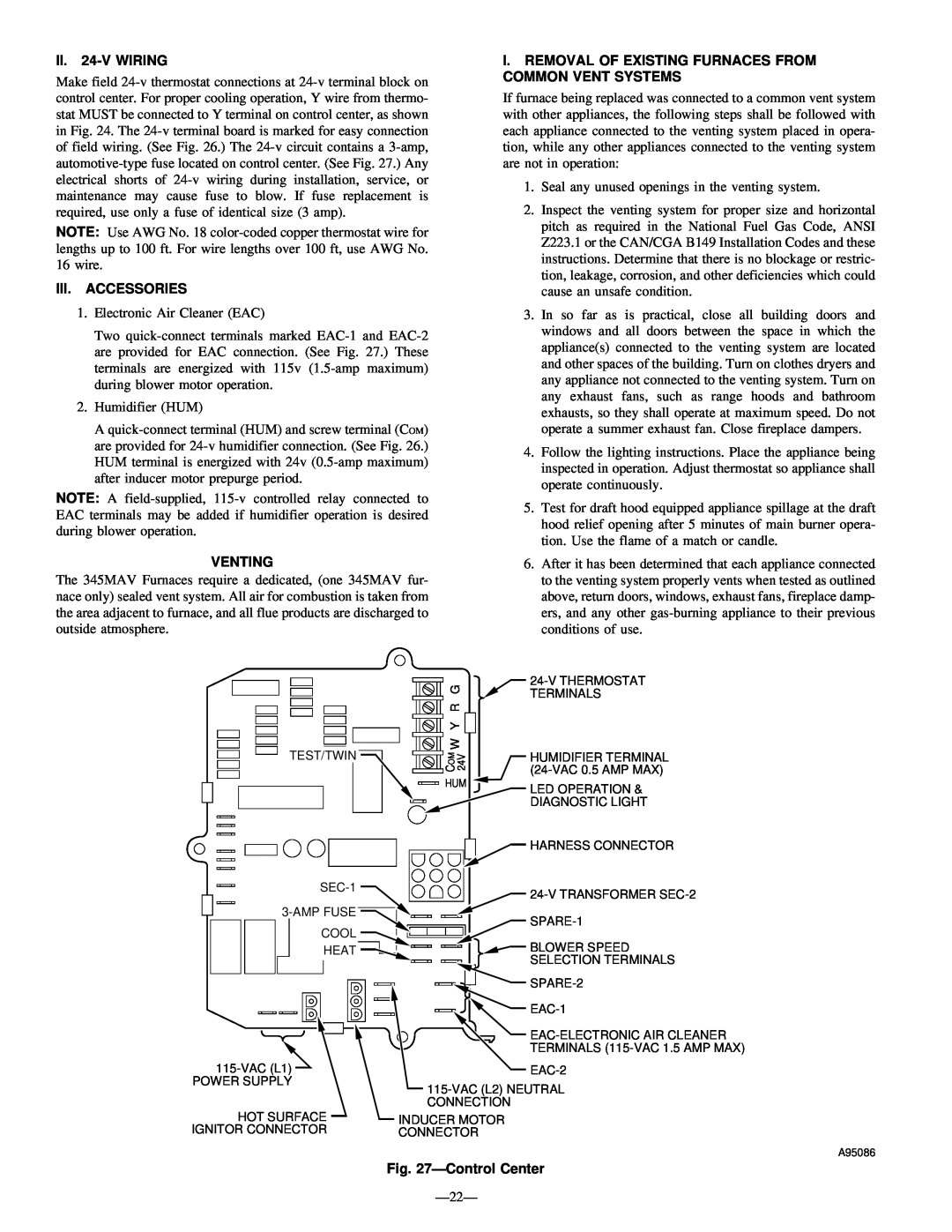 Bryant 345MAV instruction manual II.24-VWIRING, Iii.Accessories, Venting, ÐControl Center 