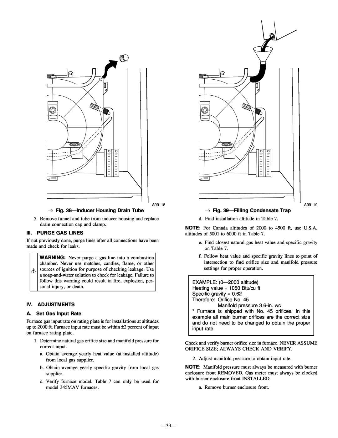 Bryant 345MAV instruction manual → ÐInducer Housing Drain Tube, Iii.Purge Gas Lines, IV. ADJUSTMENTS A.Set Gas Input Rate 
