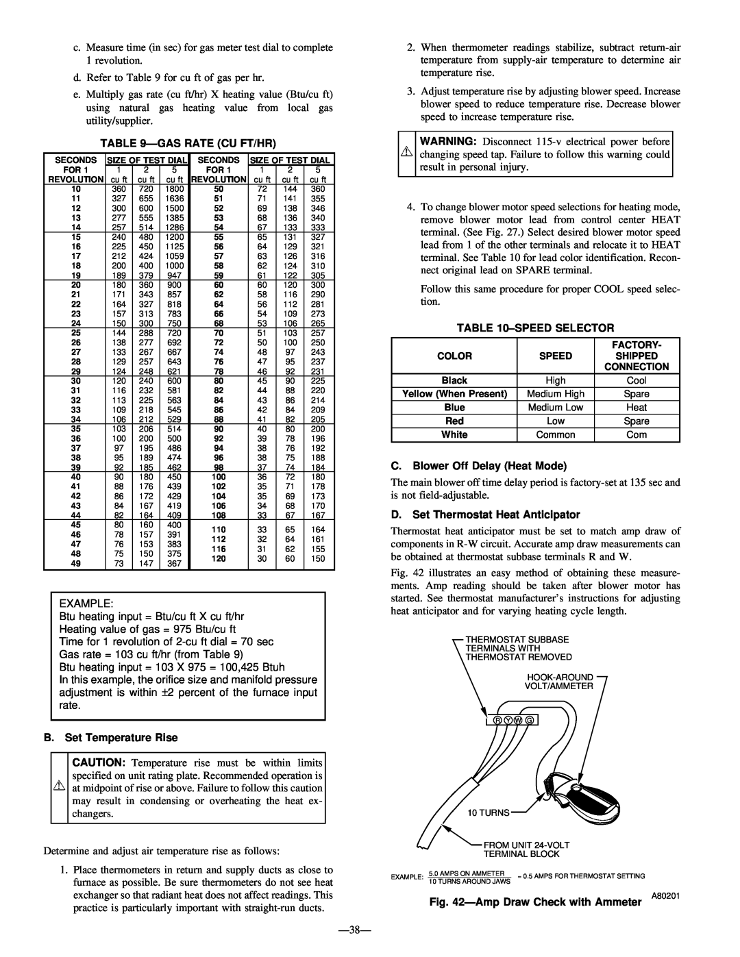 Bryant 345MAV instruction manual Ðgas Rate Cu Ft/Hr, B.Set Temperature Rise, ±Speed Selector, C.Blower Off Delay Heat Mode 