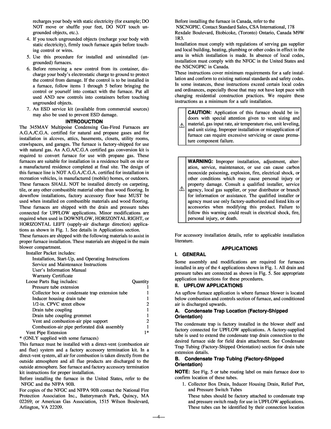 Bryant 345MAV instruction manual Introduction, Applications I.General, Ii.Upflow Applications 