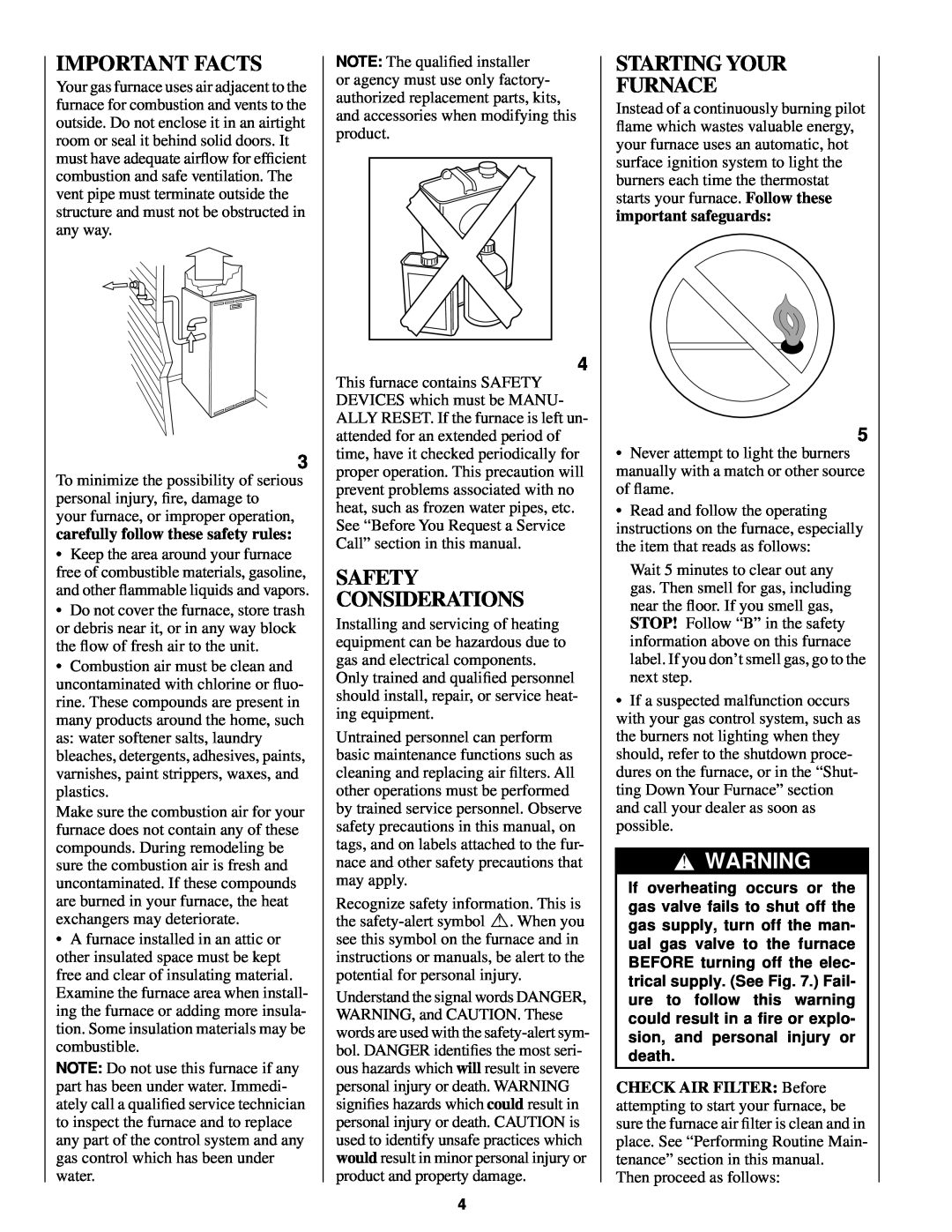 Bryant 345MAV manual Important Facts, Safety Considerations, Starting Your Furnace 