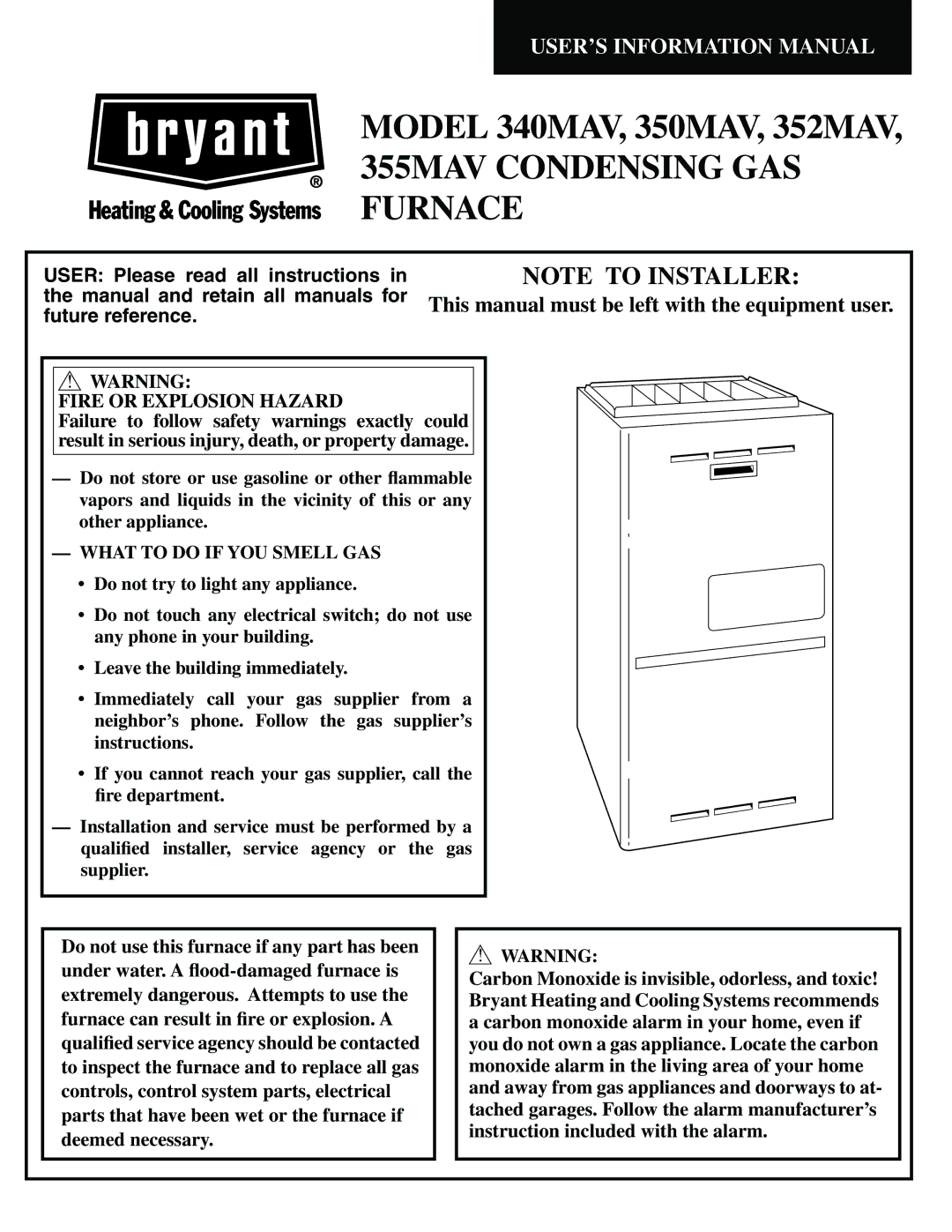 Bryant 350MAV, 352MAV manual 355MAV Condensing GAS Furnace, What to do if YOU Smell GAS 