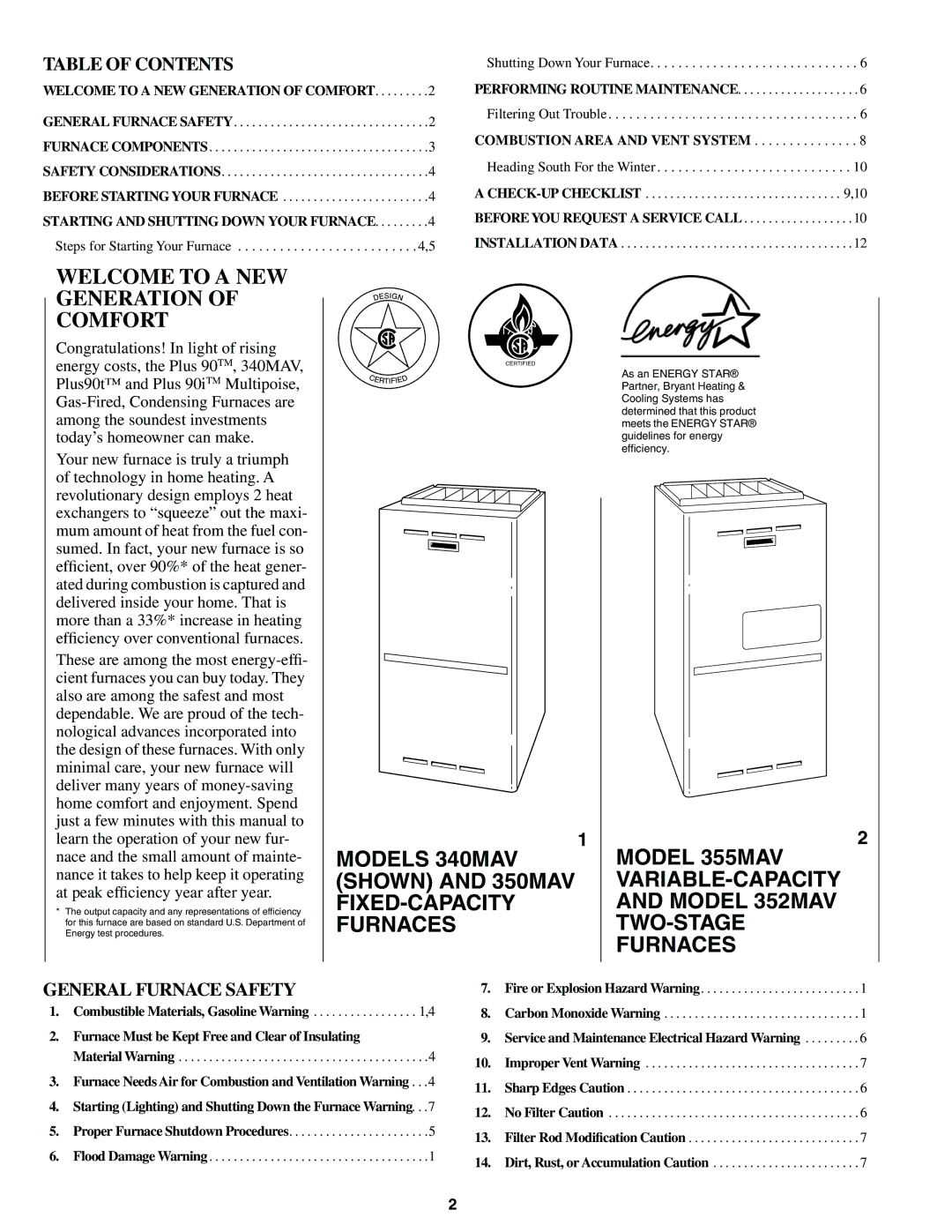 Bryant 352MAV, 350MAV, 355MAV manual Welcome to a NEW Generation of Comfort, Table of Contents, General Furnace Safety 