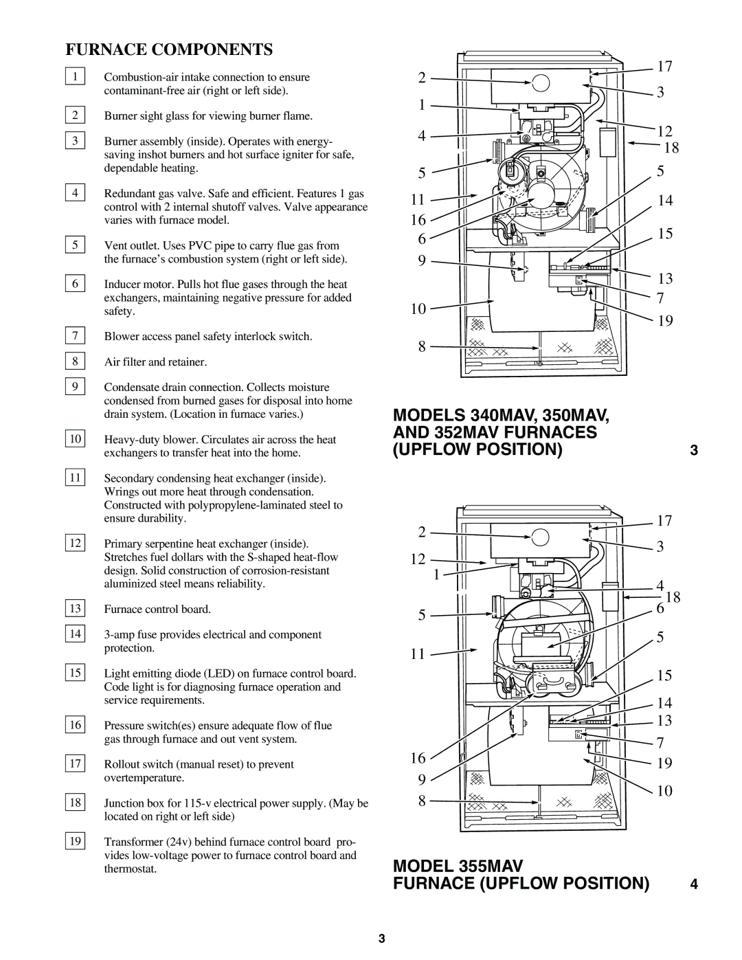 Bryant 355MAV manual Furnace Components, Models 340MAV, 350MAV 352MAV Furnaces Upflow Position 