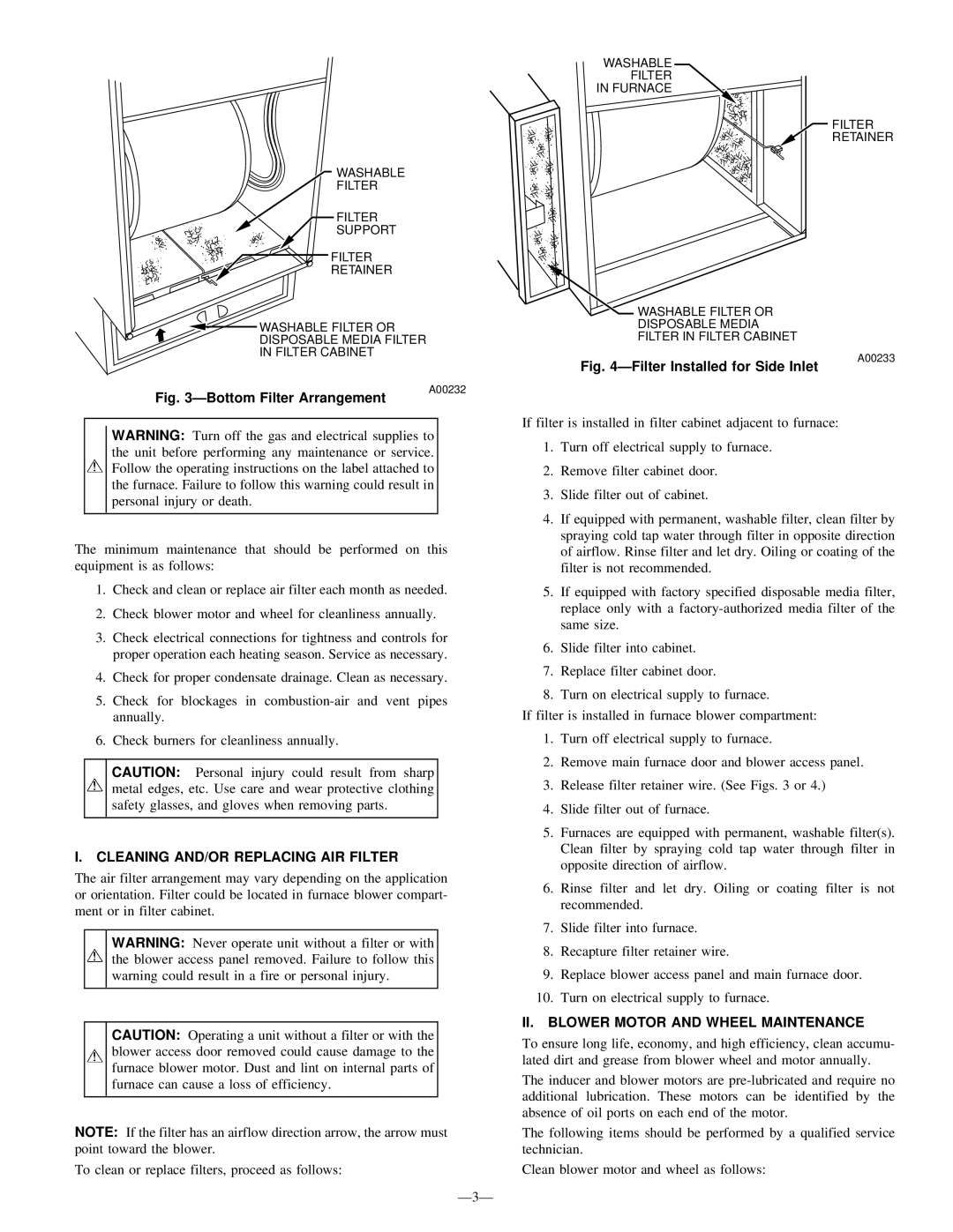 Bryant 350MAV user manual Cleaning AND/OR Replacing AIR Filter, II. Blower Motor and Wheel Maintenance 