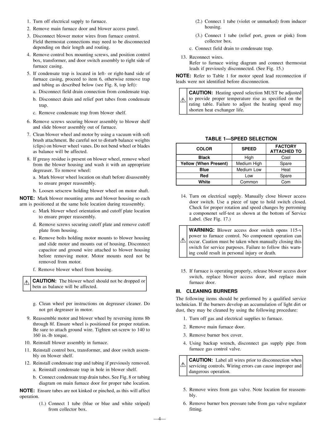 Bryant 350MAV user manual Speed Selection, III. Cleaning Burners 