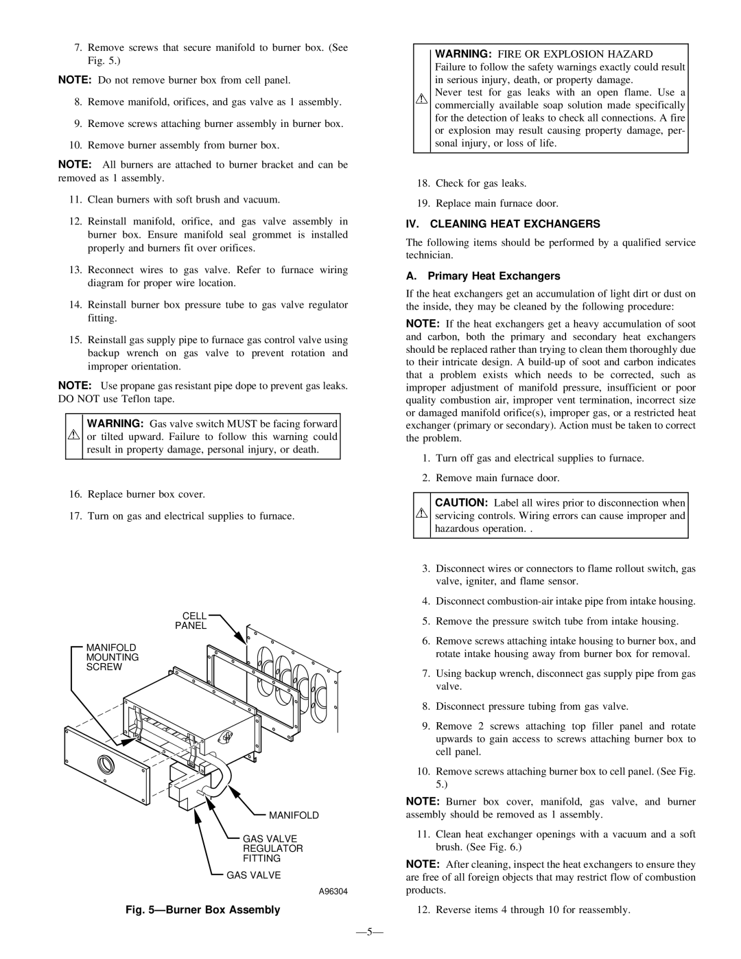 Bryant 350MAV user manual IV. Cleaning Heat Exchangers, Primary Heat Exchangers 