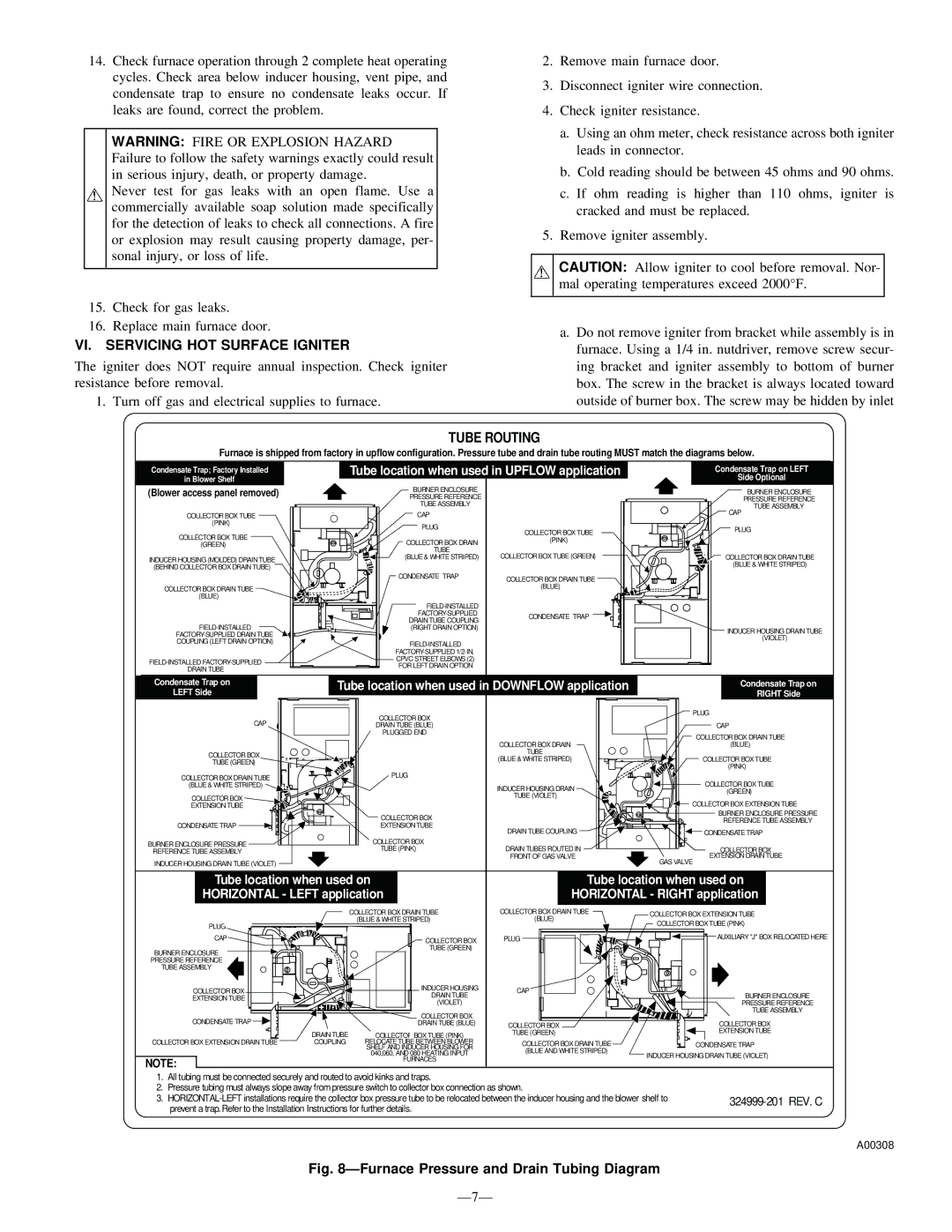 Bryant 350MAV user manual VI. Servicing HOT Surface Igniter, Tube Routing 