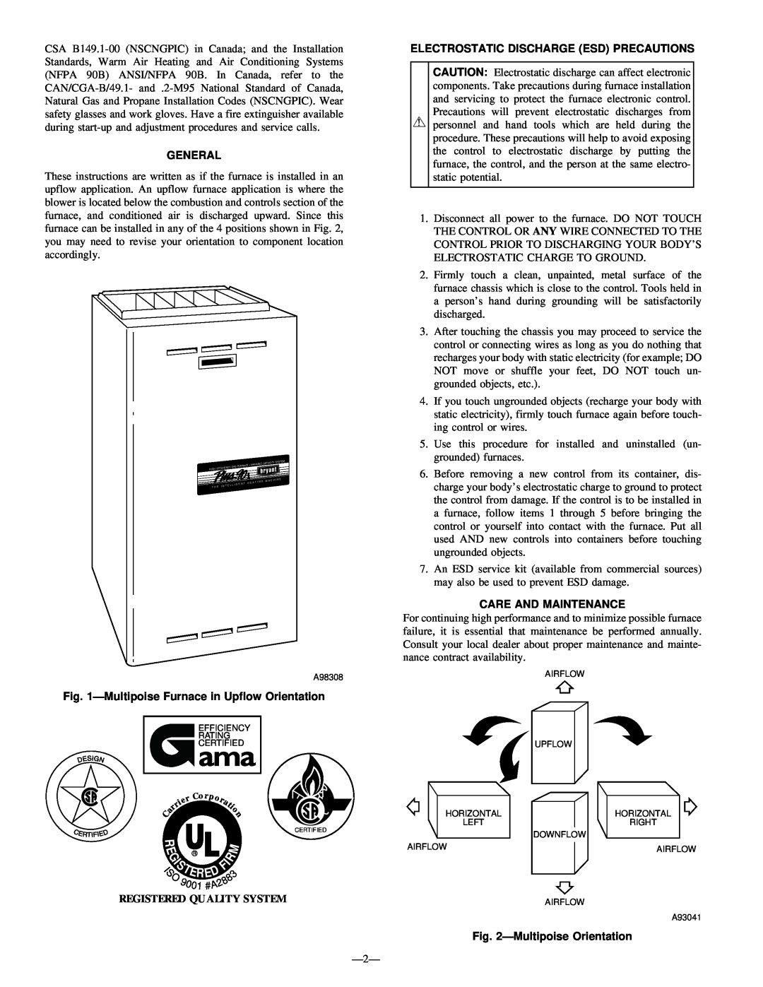 Bryant 350MAV user manual General, MultipoiseFurnace in Upflow Orientation, Electrostatic Discharge Esd Precautions 