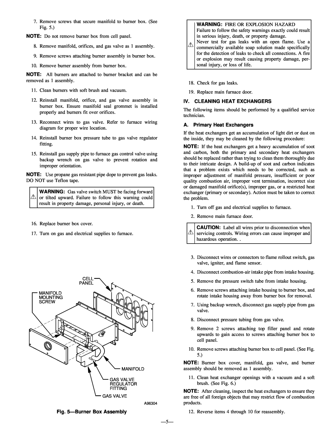 Bryant 350MAV user manual BurnerBox Assembly, Iv. Cleaning Heat Exchangers, A. Primary Heat Exchangers 