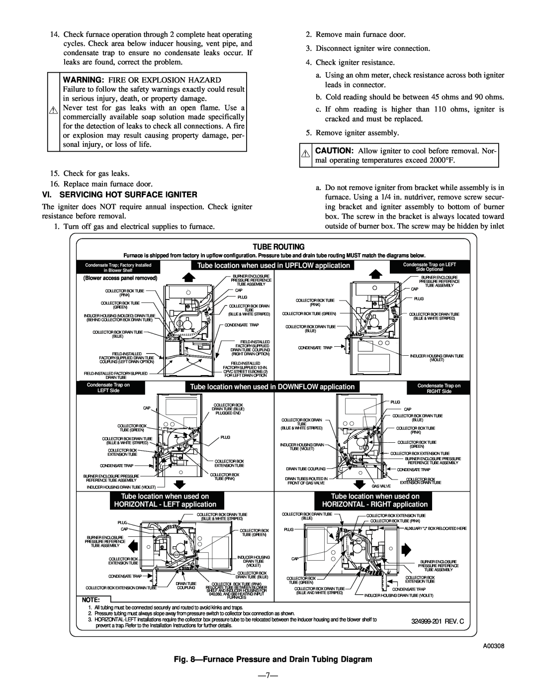 Bryant 350MAV user manual Vi. Servicing Hot Surface Igniter, FurnacePressure and Drain Tubing Diagram, Tube Routing 