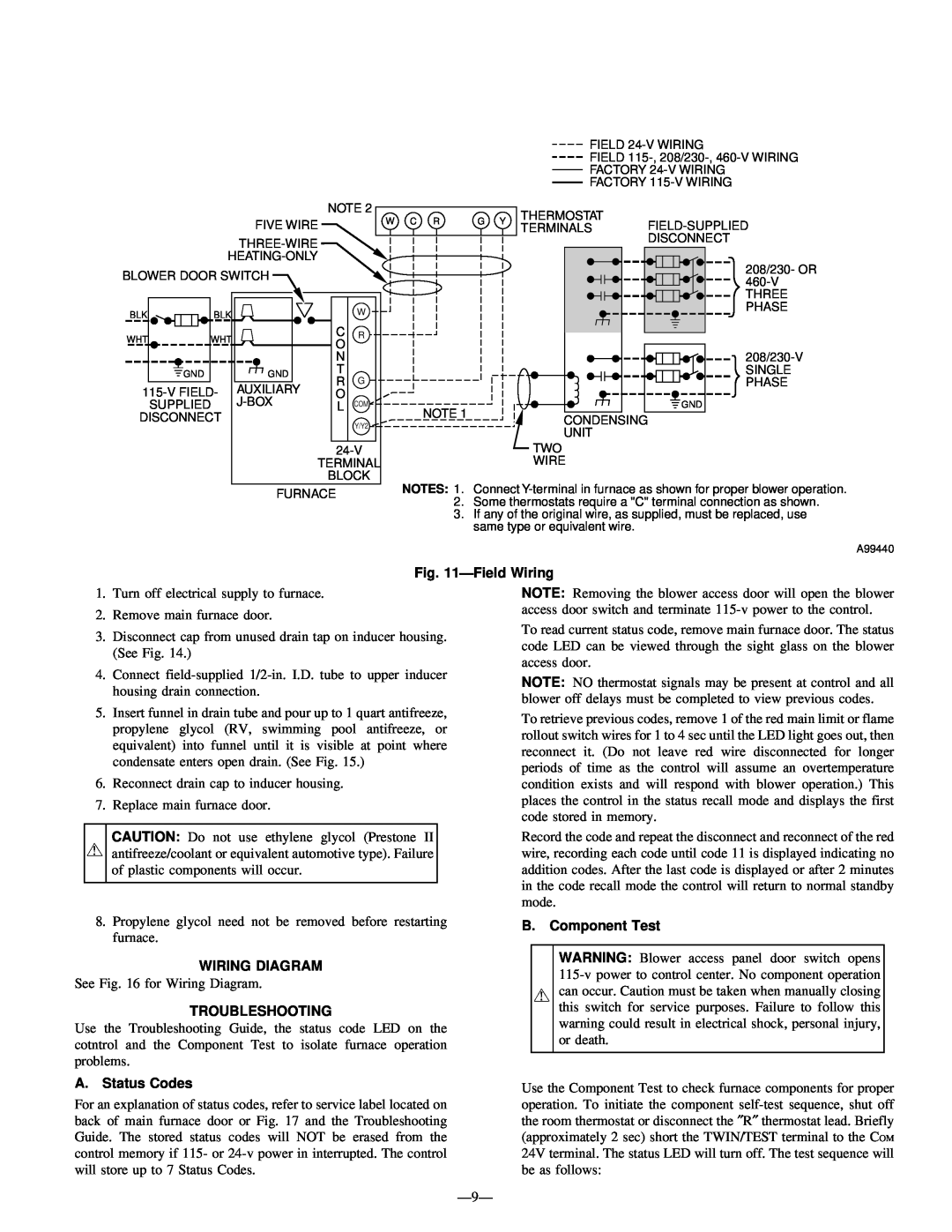 Bryant 350MAV user manual FieldWiring, B. Component Test, Wiring Diagram, Troubleshooting, A. Status Codes 