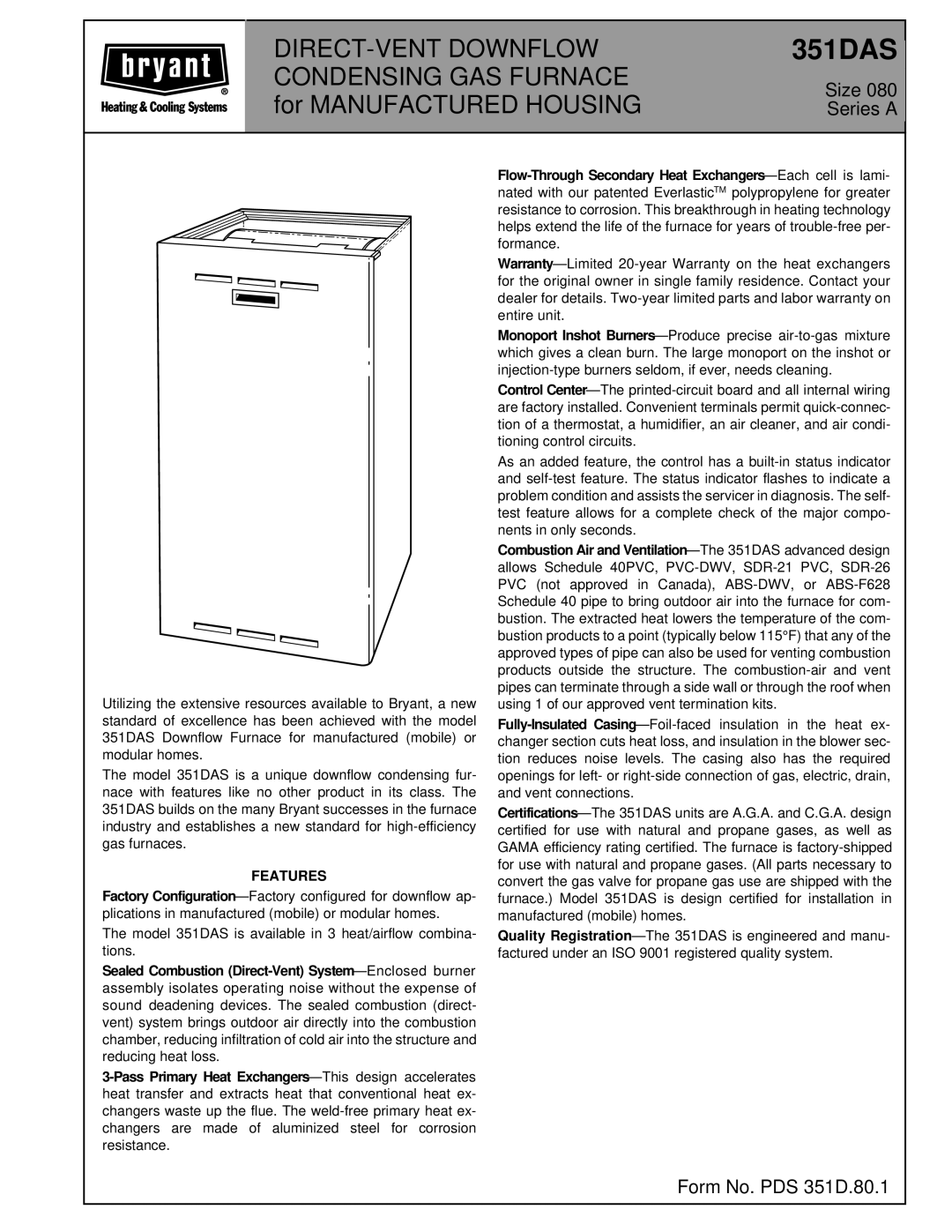 Bryant 351DAS warranty Size Series a, Form No. PDS 351D.80.1, Features 