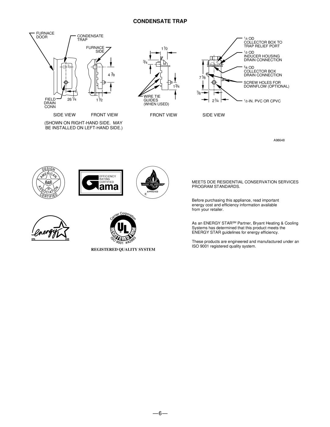 Bryant 351DAS warranty Condensate Trap 