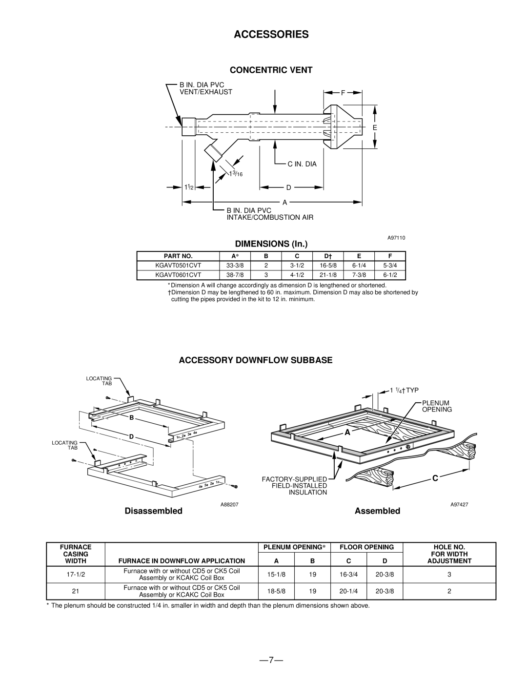 Bryant 351DAS warranty Accessories, Concentric Vent, Accessory Downflow Subbase, Disassembled, Assembled 