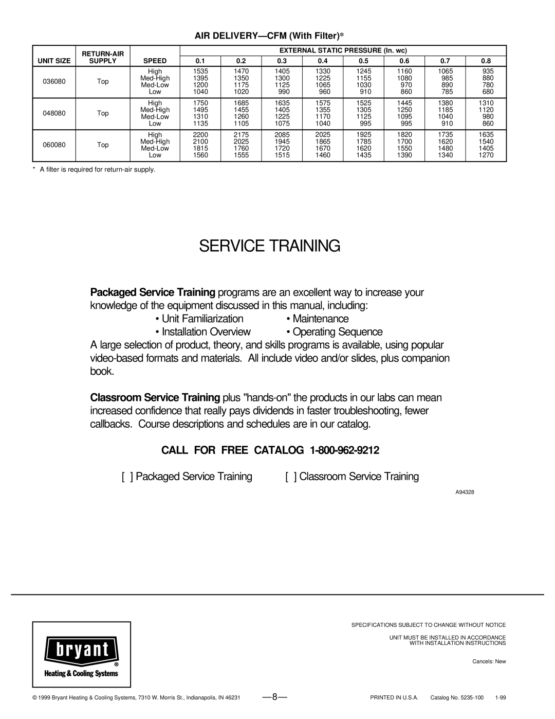 Bryant 351DAS warranty Unit Familiarization Maintenance Installation Overview, Packaged Service Training 