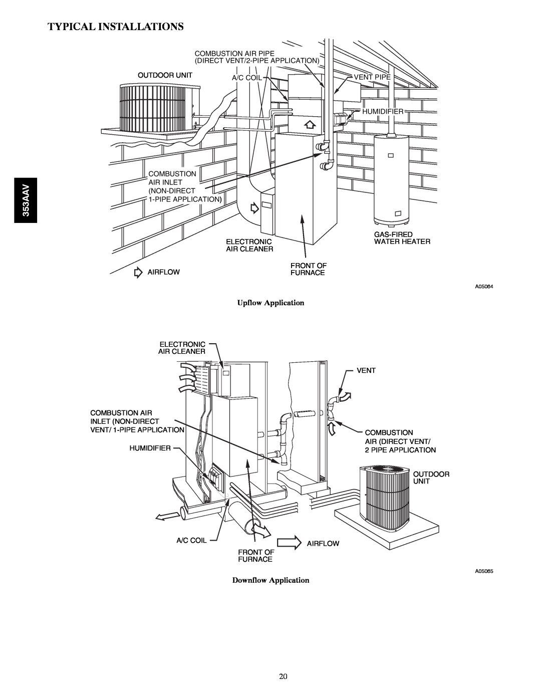 Bryant 353AAV manual Typical Installations, Upflow Application, Downflow Application 