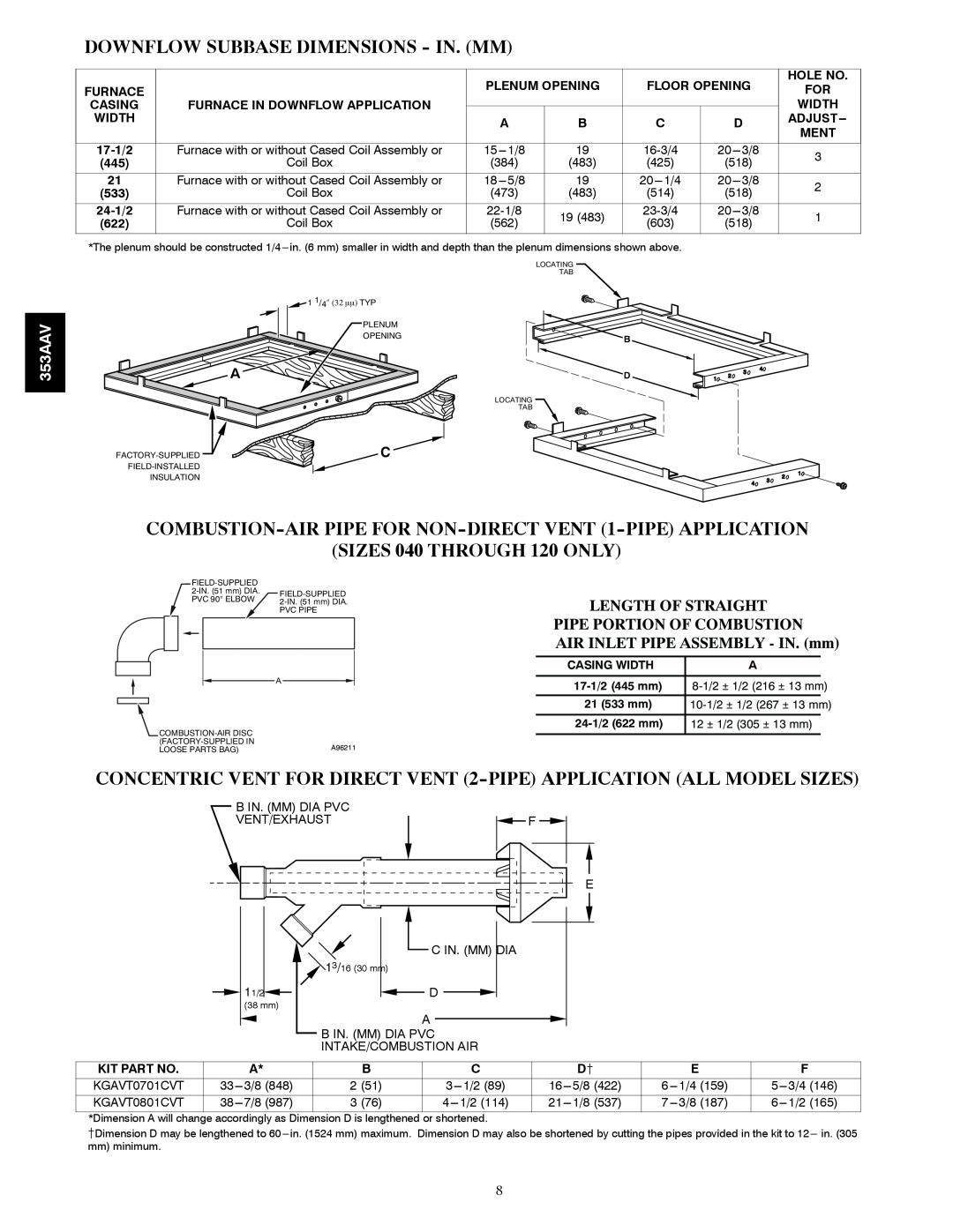 Bryant 353AAV manual Downflow Subbase Dimensions - In. Mm, SIZES 040 THROUGH 120 ONLY, Length Of Straight 