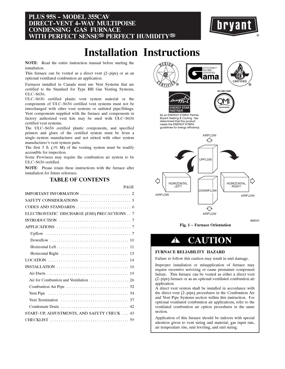 Bryant 355CAV installation instructions Installation Instructions 