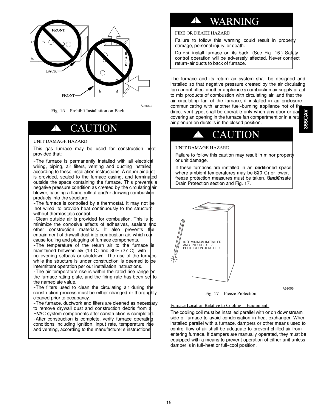 Bryant 355CAV installation instructions Prohibit Installation on Back, Fire or Death Hazard 