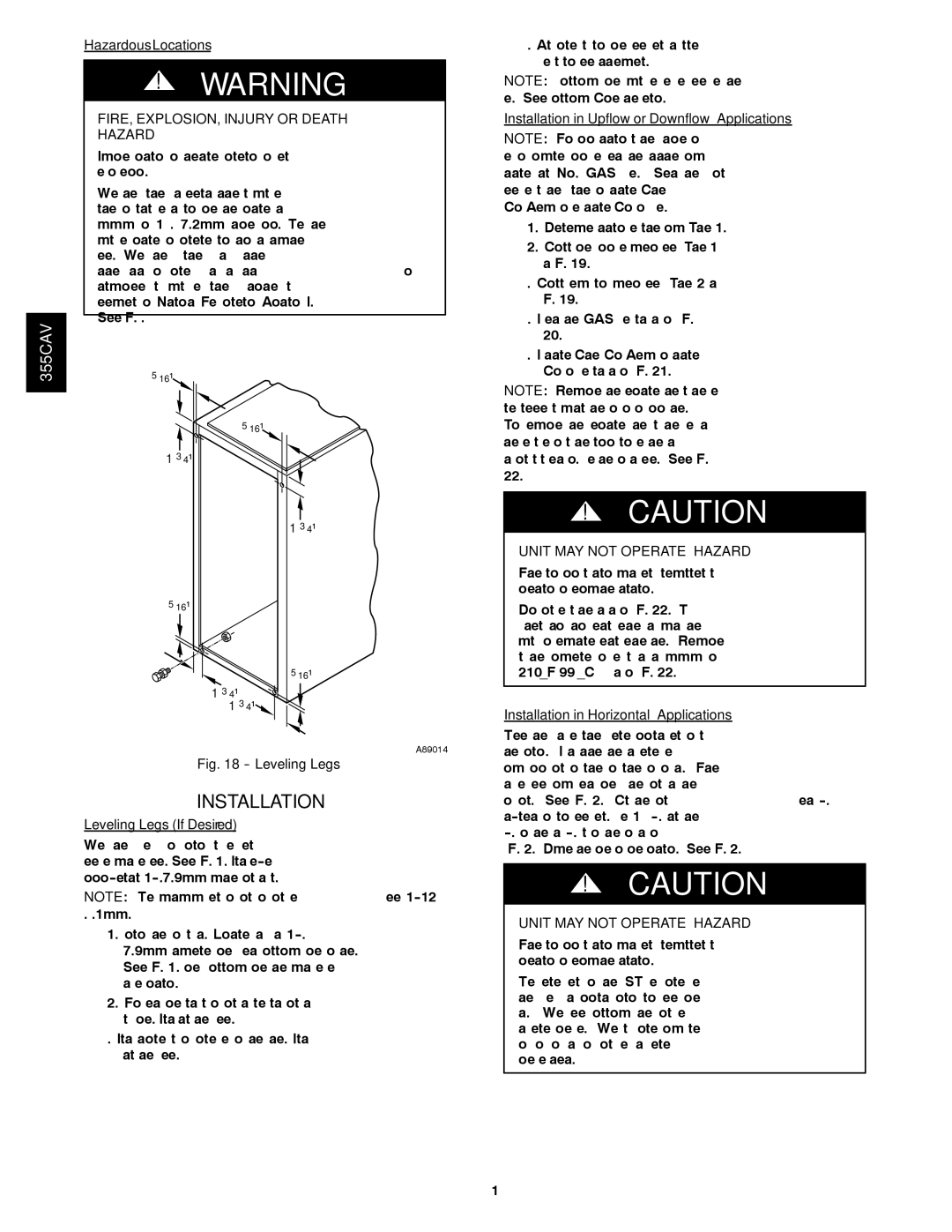 Bryant 355CAV installation instructions Installation, FIRE, EXPLOSION, Injury or Death Hazard, Unit MAY not Operate Hazard 